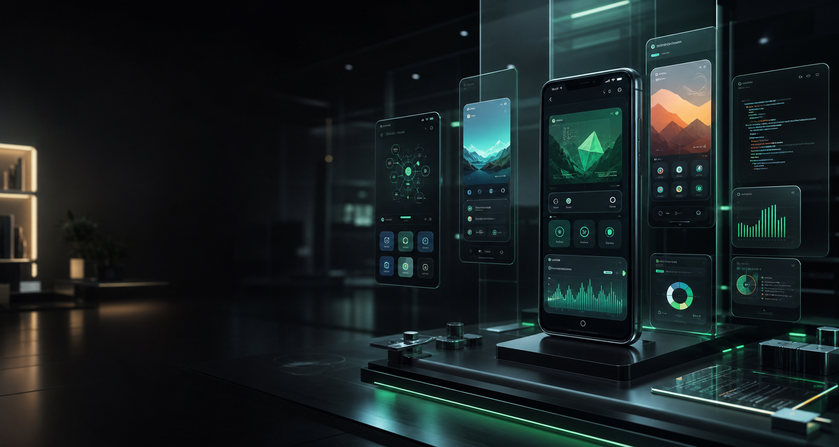 Futuristic Android app launch lab with floating mobile app interfaces